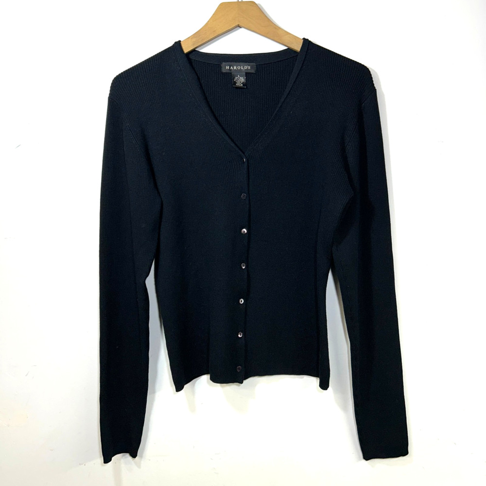 Harolds Cardigan Womens L Silk Blend Button Up Fine Knit Black